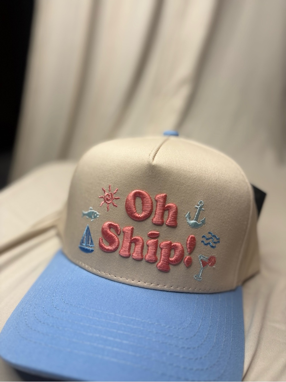 C.C 'Oh Ship!' Embroidered Trucker Hat - Cream & Light Blue